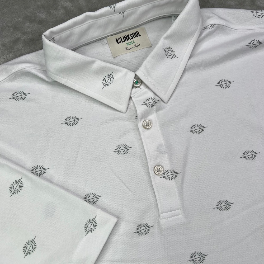 Linksoul Oxford Dry-Tech Polo Shirt Mens 2XL White Sunburst Print Golf Stretch
